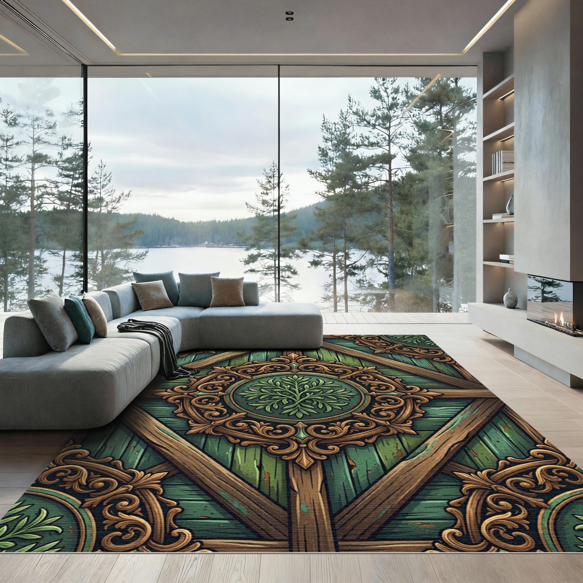 Ornate Emerald Green Wooden Filigree Medallion Rug