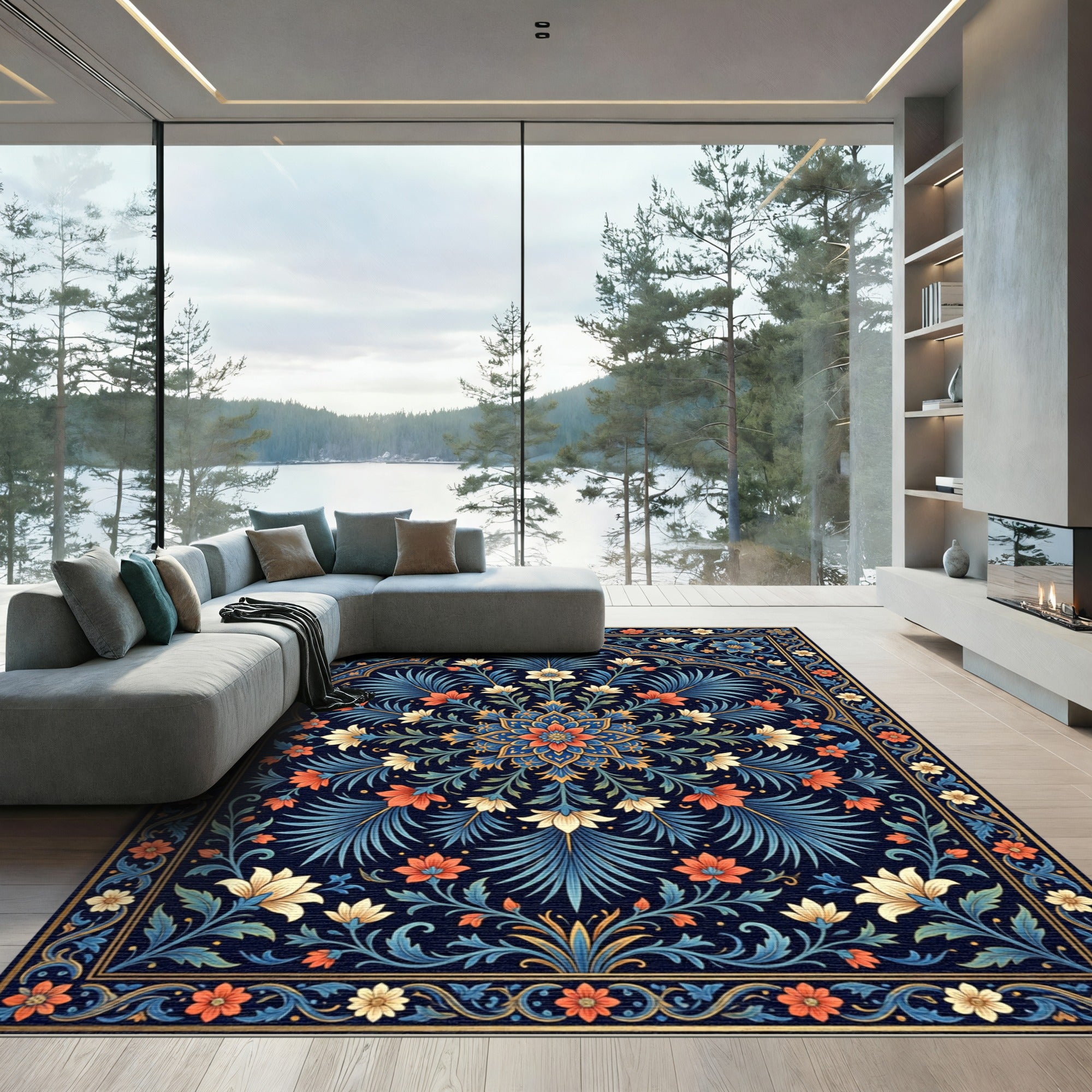 Navy Blue Coral Floral Arch Rug