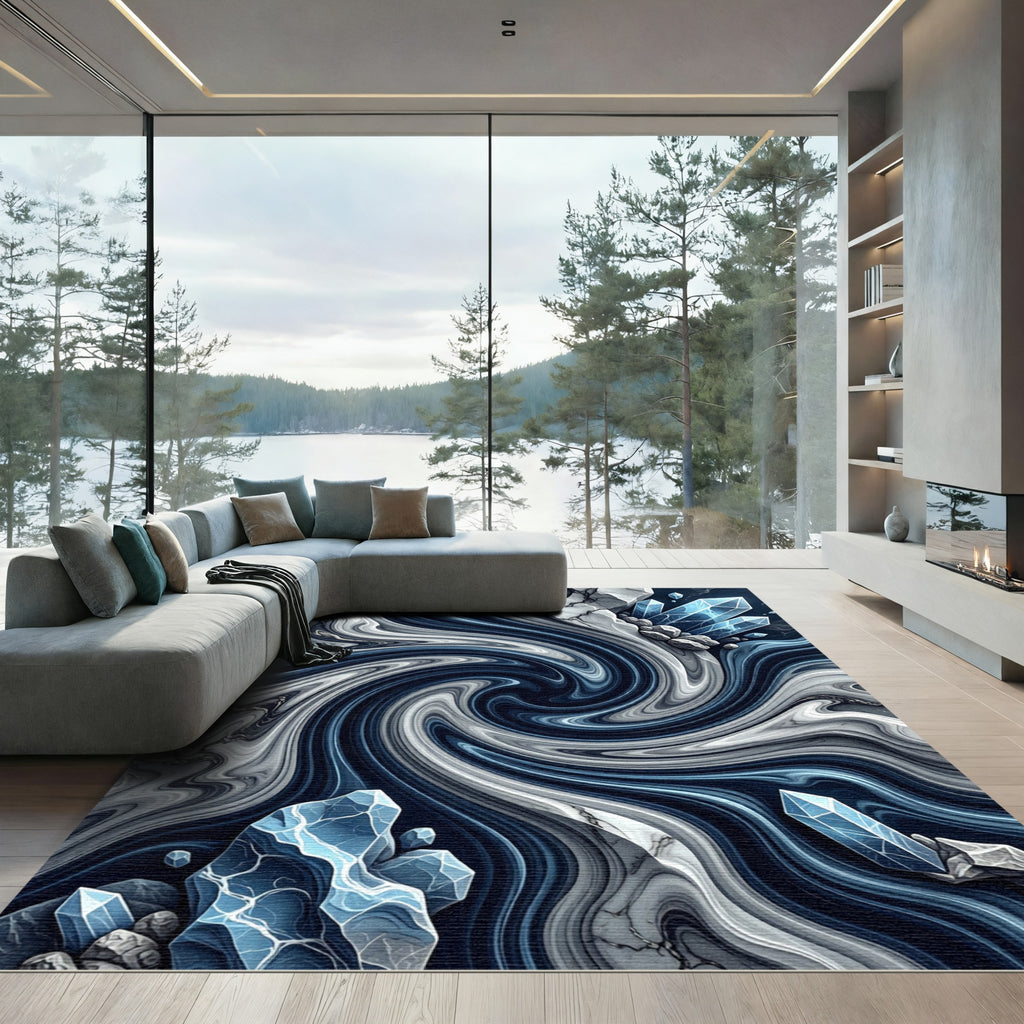 Deep Blue Crystal Swirl Marble Rug