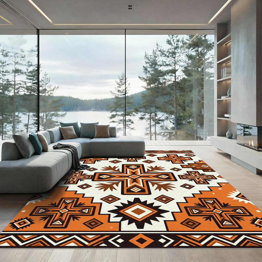 Orange Brown Geometric Cross Tribal Rug