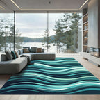 Modern Teal Flowing Abstract Wave Rug