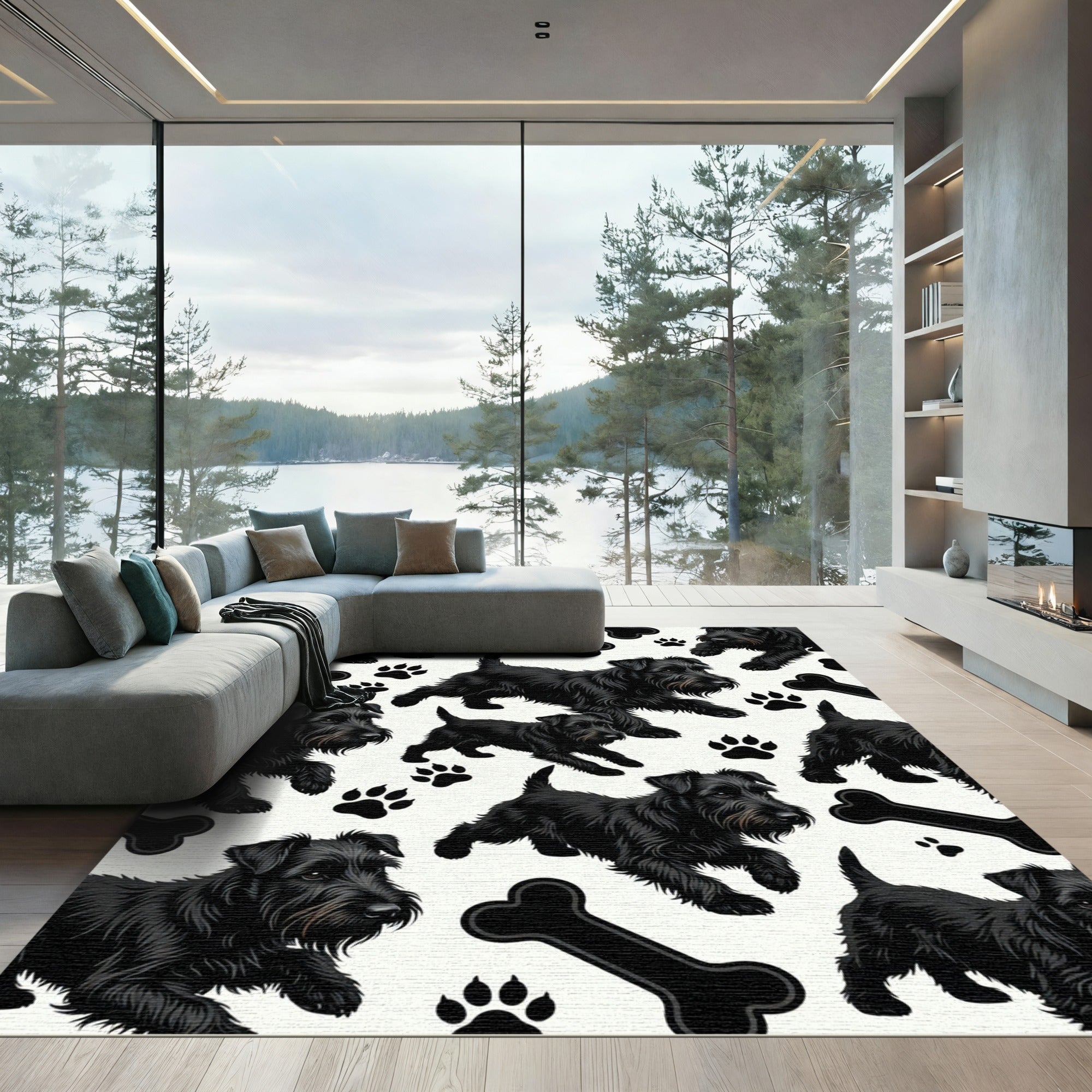 Playful Black Scottie Dog Bone Artwork Rug