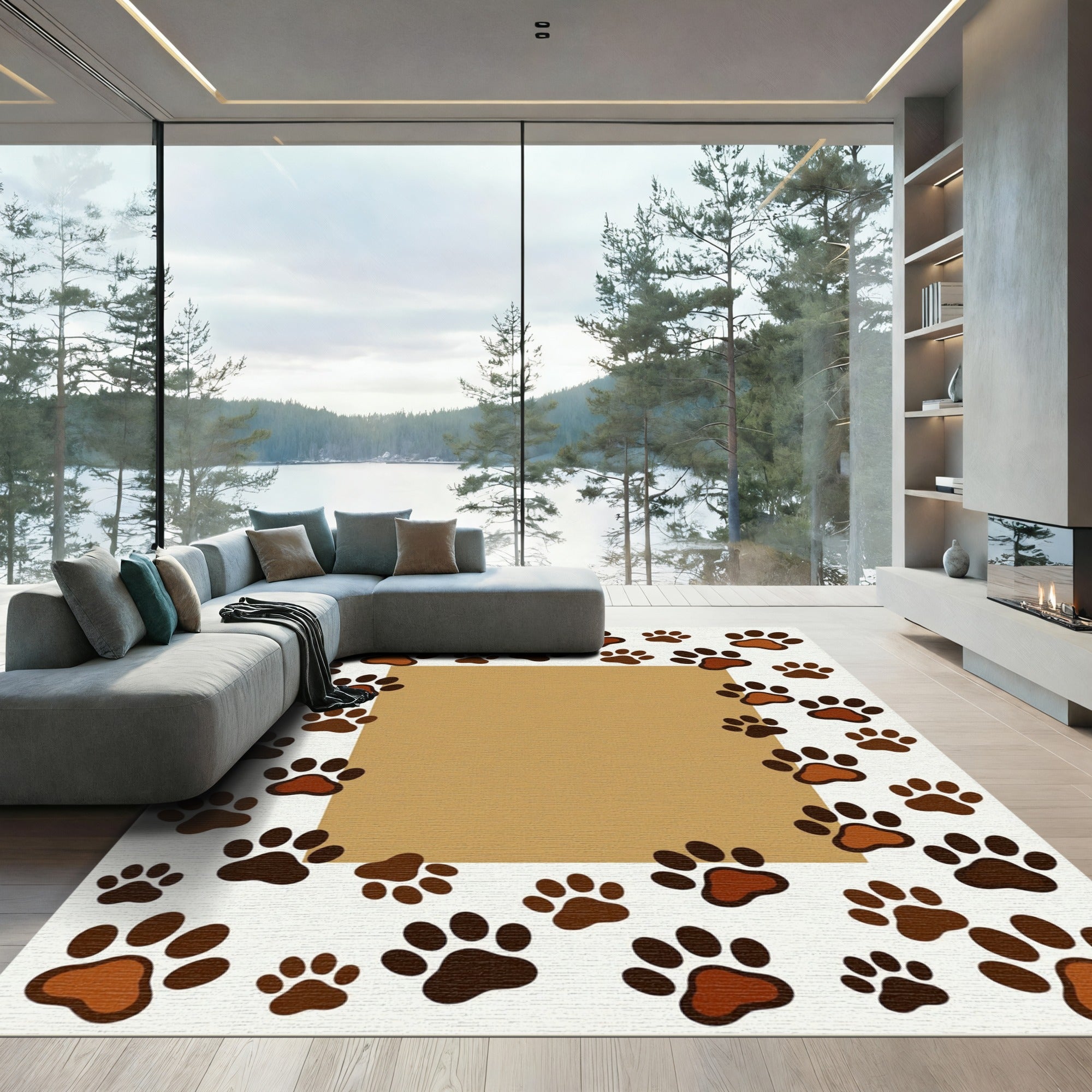 Playful Brown Paw Footprint Border Rug