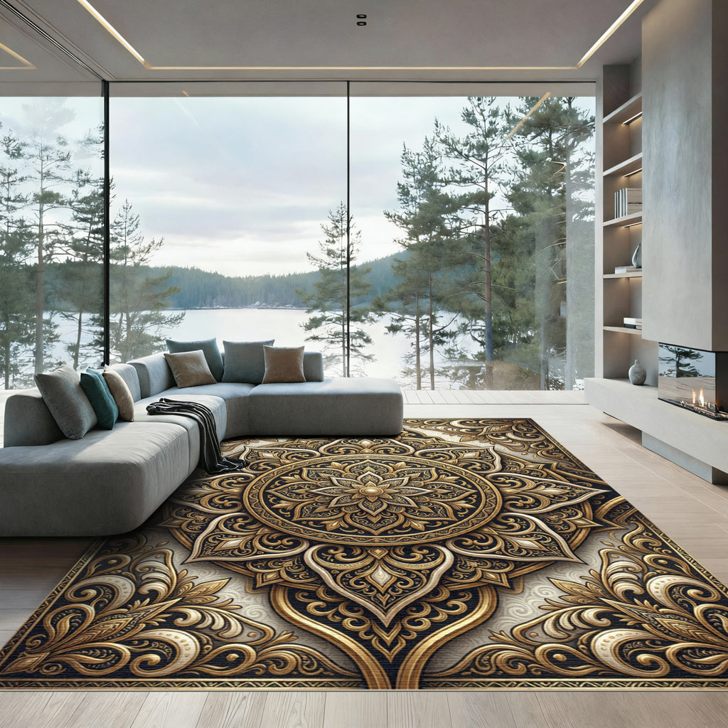 Ornate Gold Floral Mandala Rug