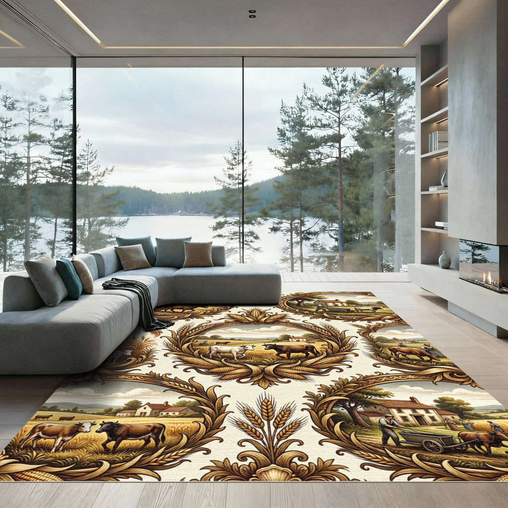 Golden Farm Scene Oval Medallion Rug