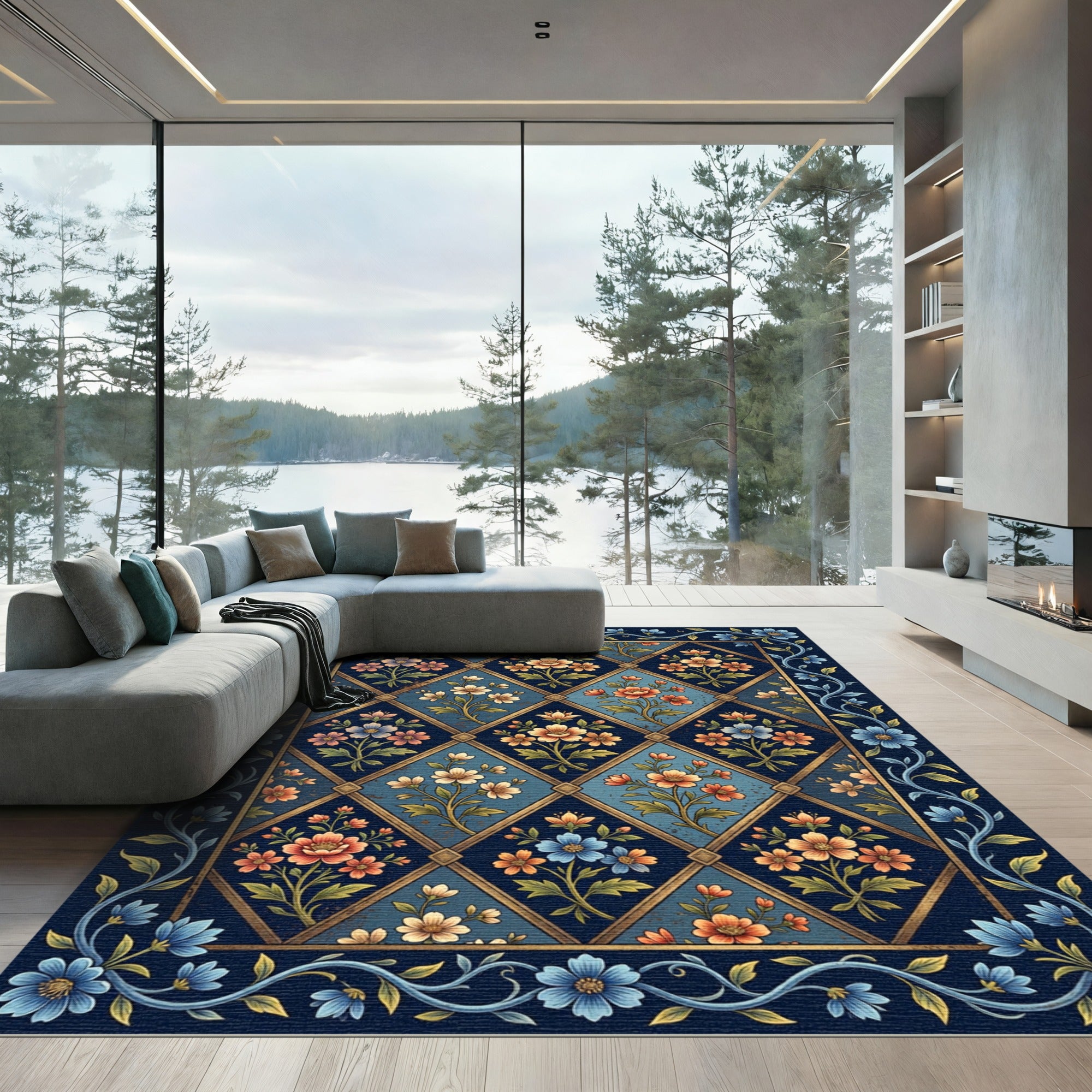 Floral Diamond Navy Blue Botanical Rug