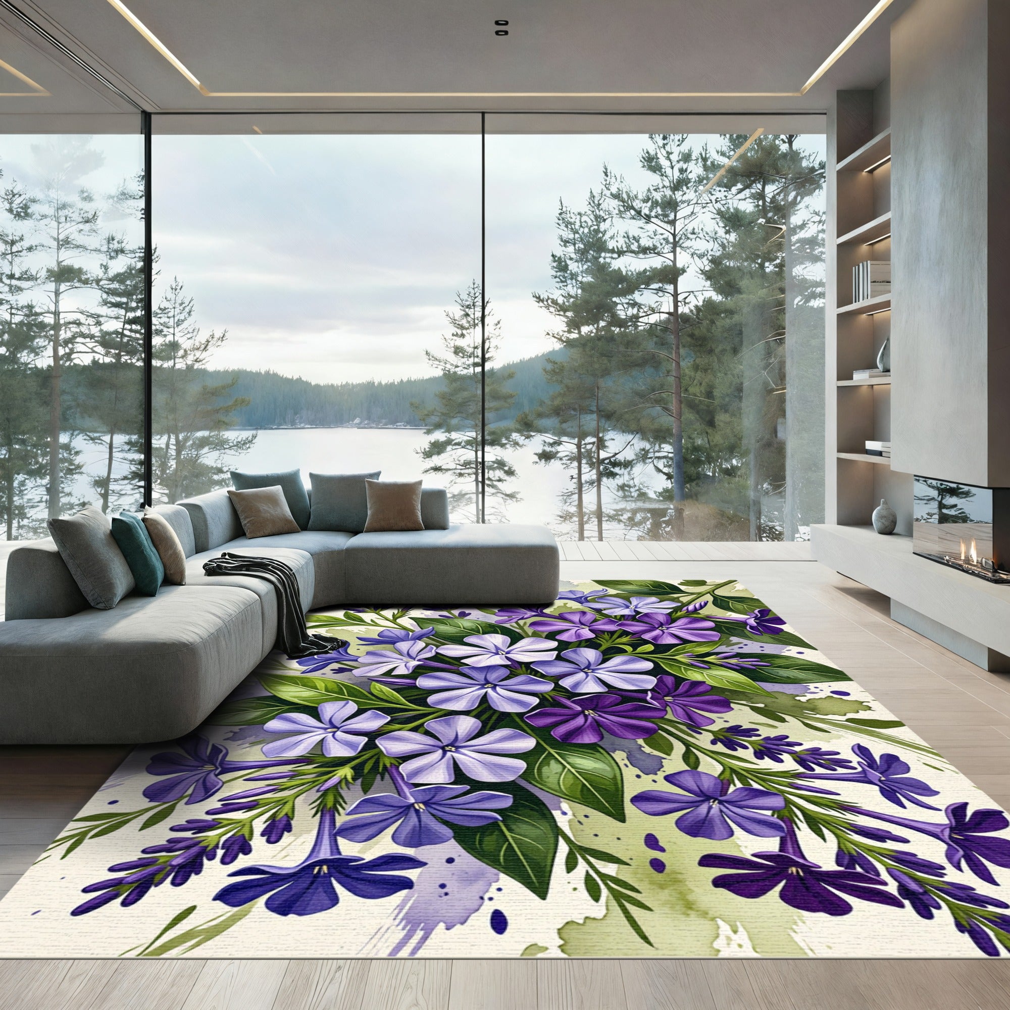 Watercolor Purple Phlox Garden Floral Rug