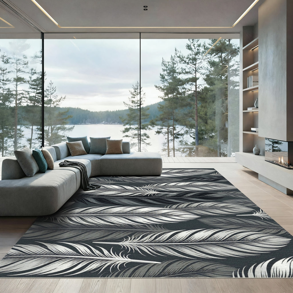 Monochromatic Feather Gray Botanical Art Rug
