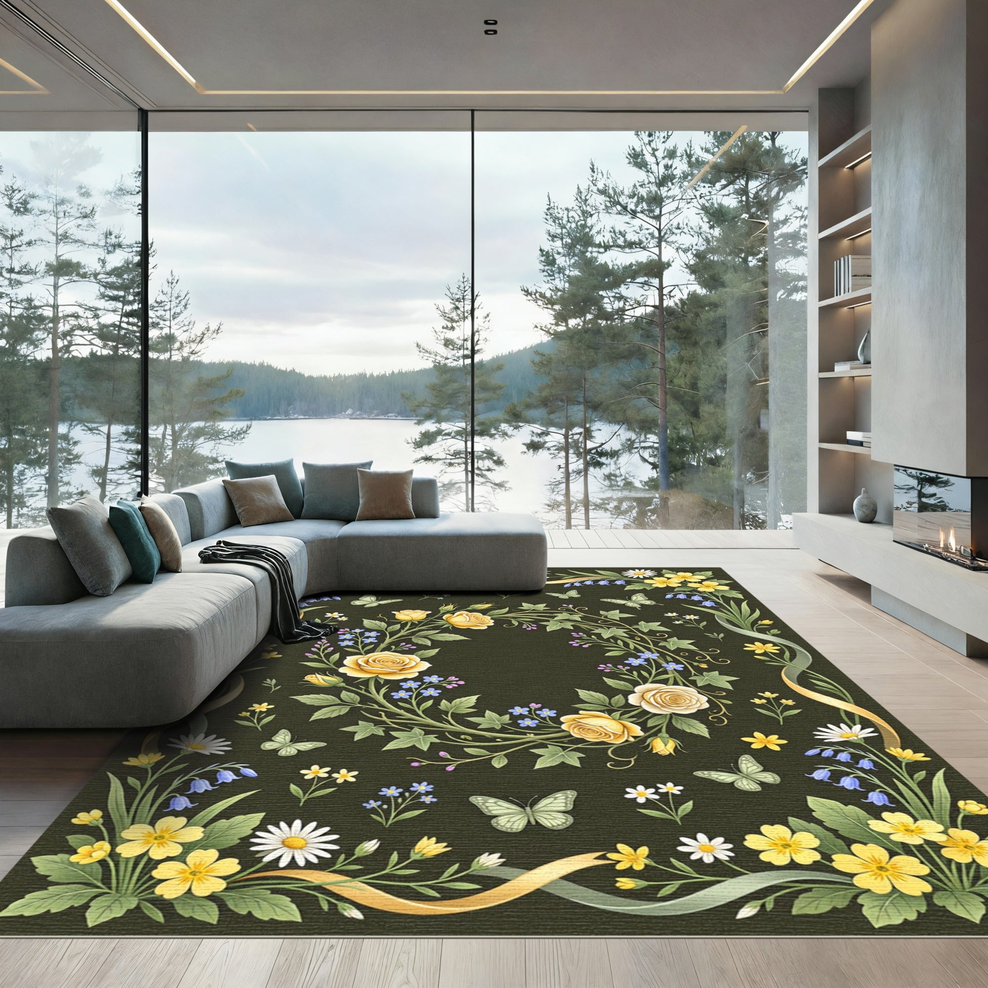 Whimsical Golden Rose Butterfly Garden Rug