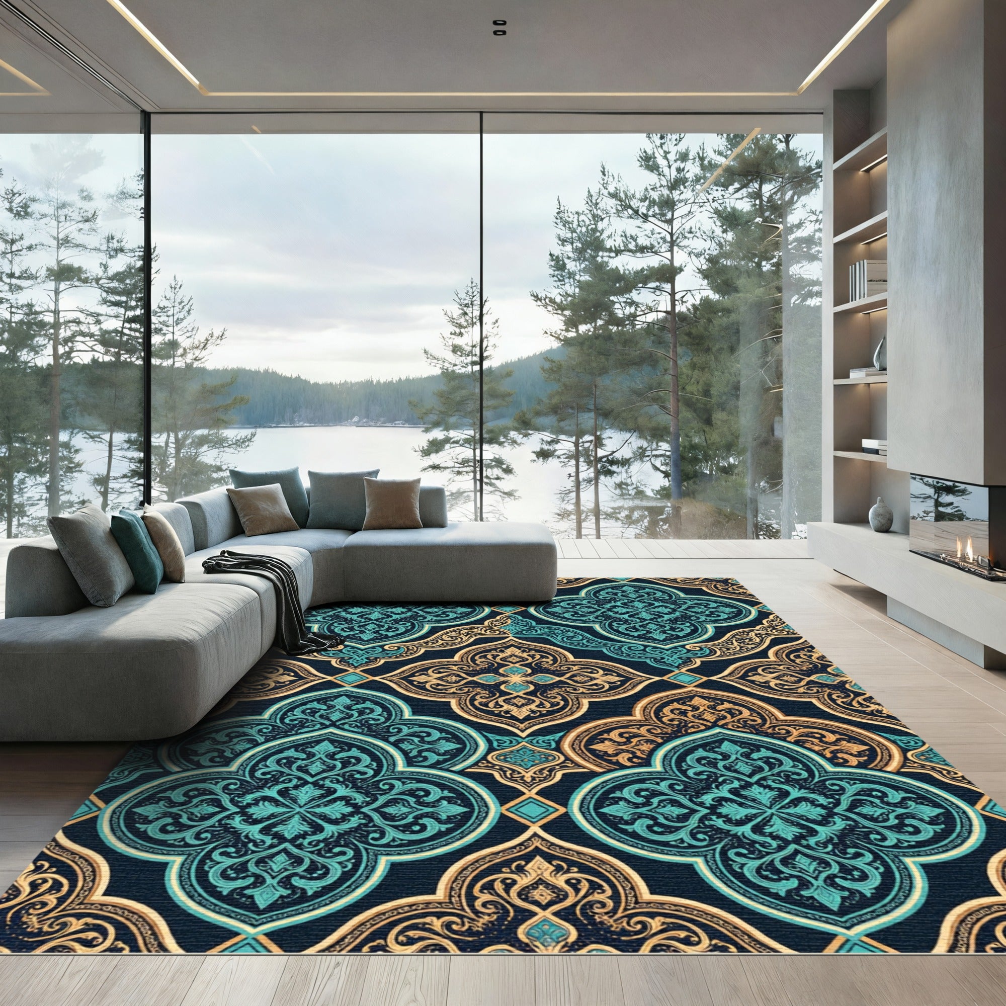 Ornate Teal and Gold Quatrefoil Rug