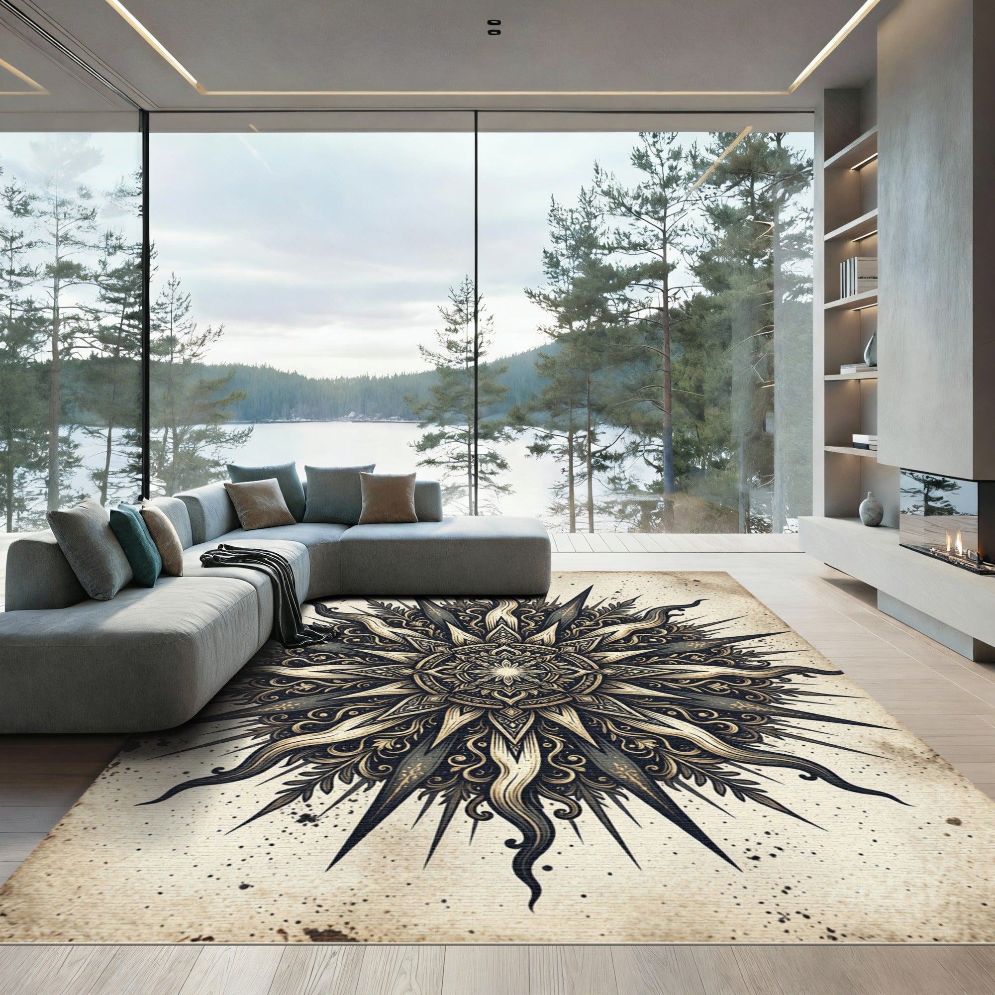 Antique Black Gold Sunburst Mandala Rug