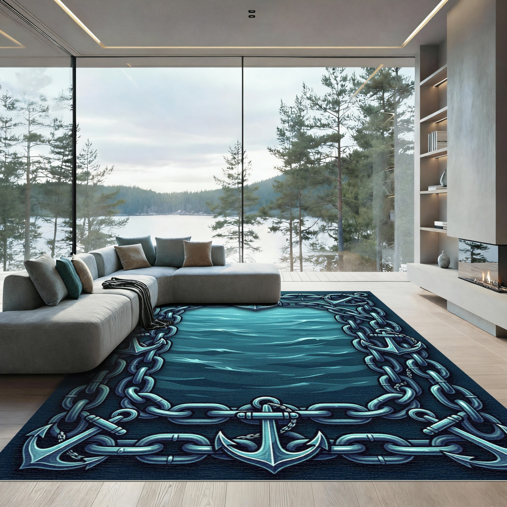 Nautical Anchor Chain Deep Sea Frame Rug