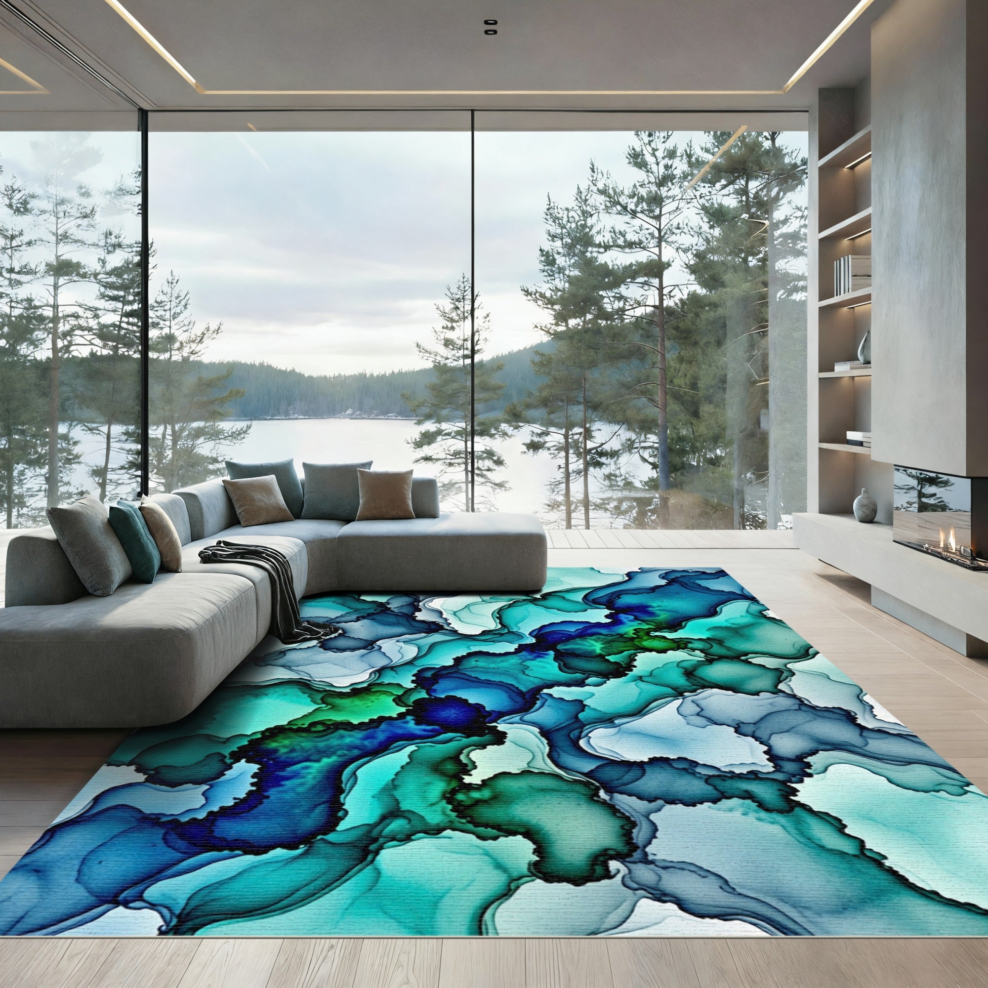 Ethereal Teal and Navy Fluid Abstract Rug