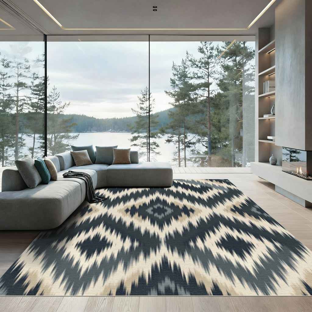 Midnight Slate and Beige Ikat Diamond Rug