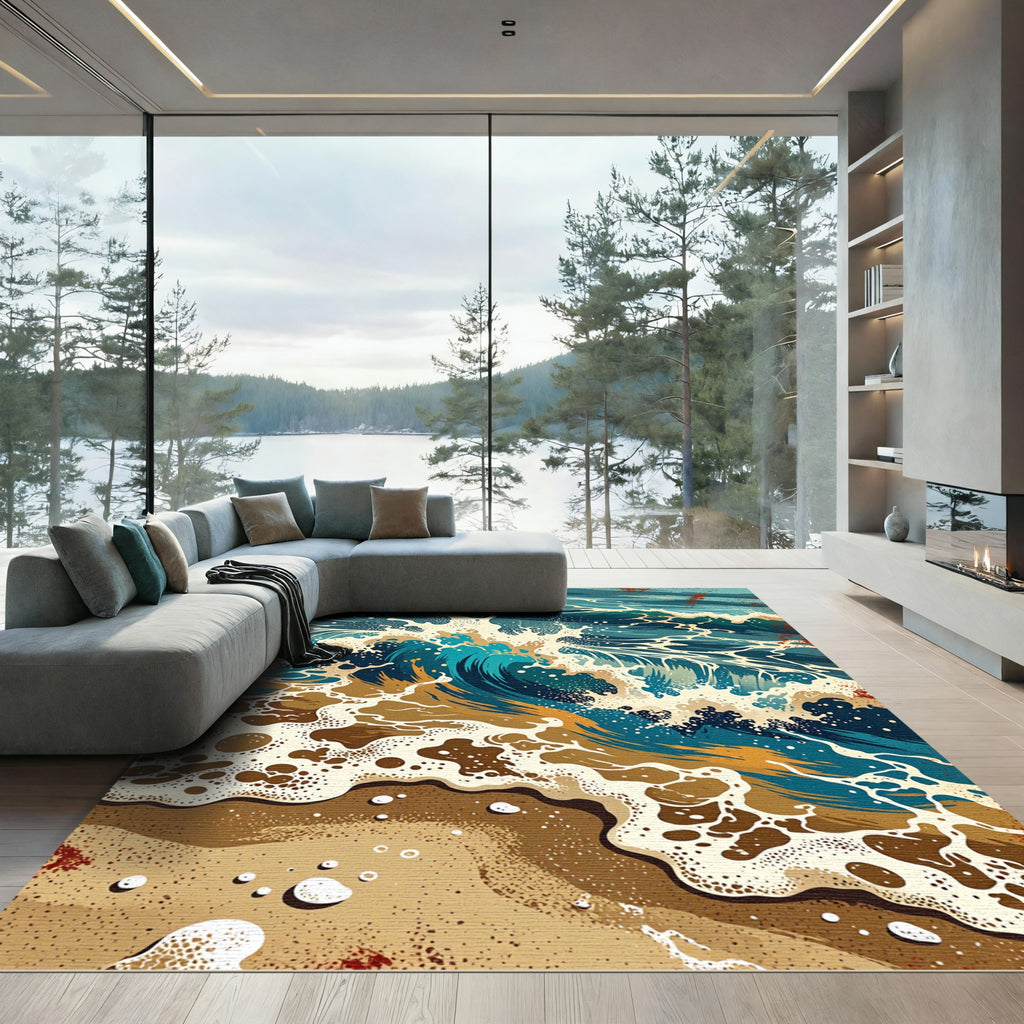 Turquoise And Gold Ocean Wave Rug