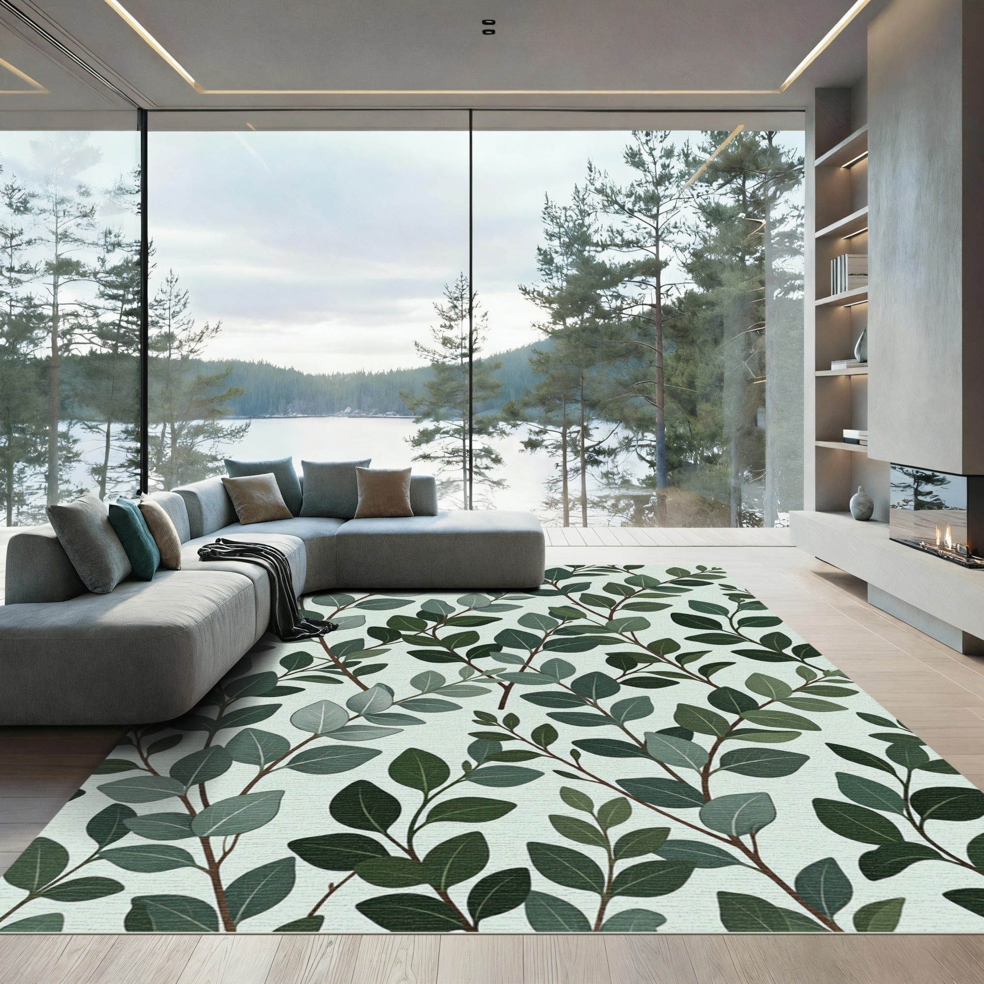Sage Green Eucalyptus Botanical Leaves Rug