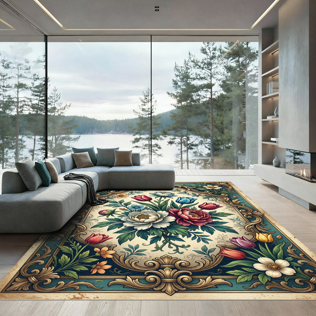 Ornate Baroque Floral Bouquet Wall Art Rug