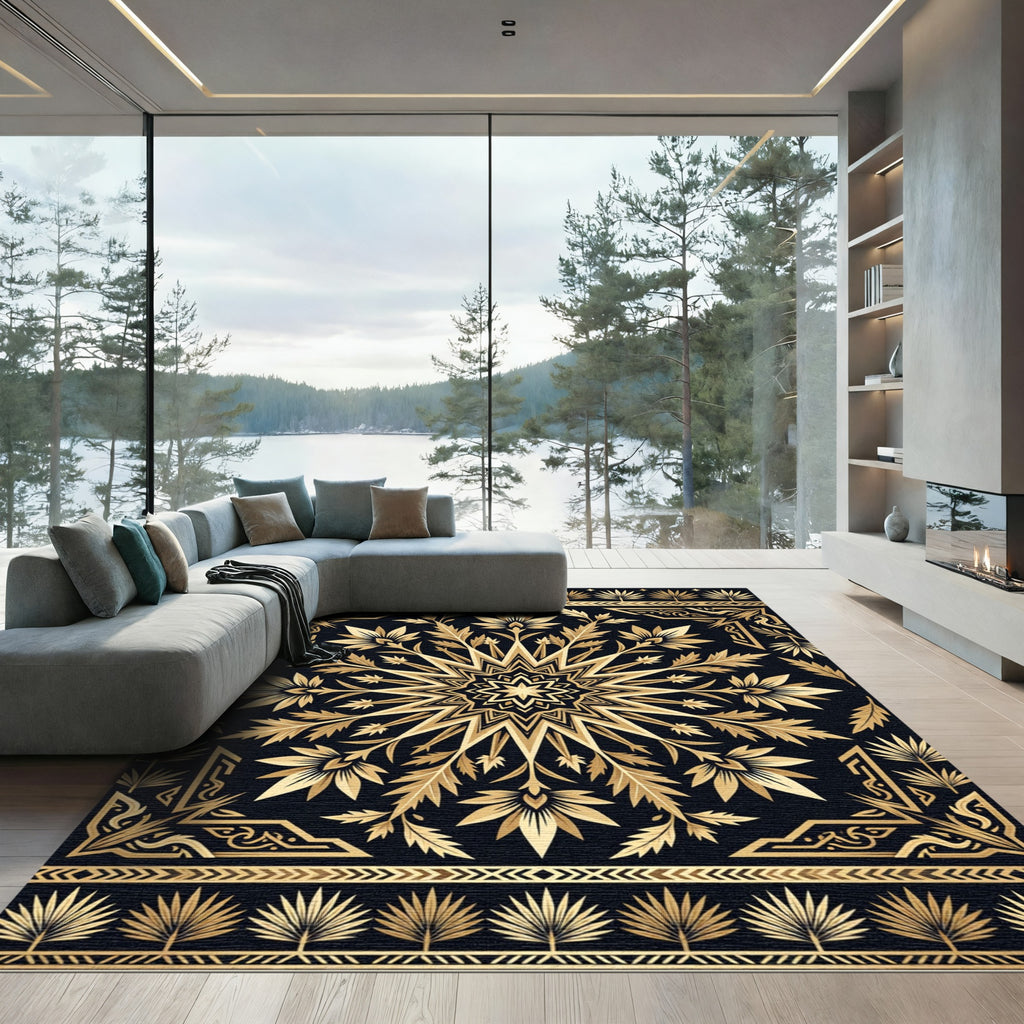 Golden Egyptian Lotus Geometric Art Rug