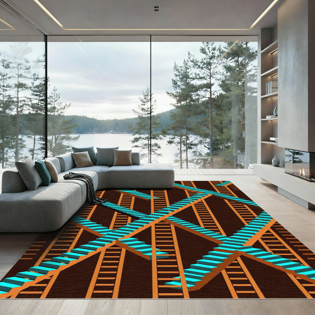 Geometric Teal Staircase Illusion Rug