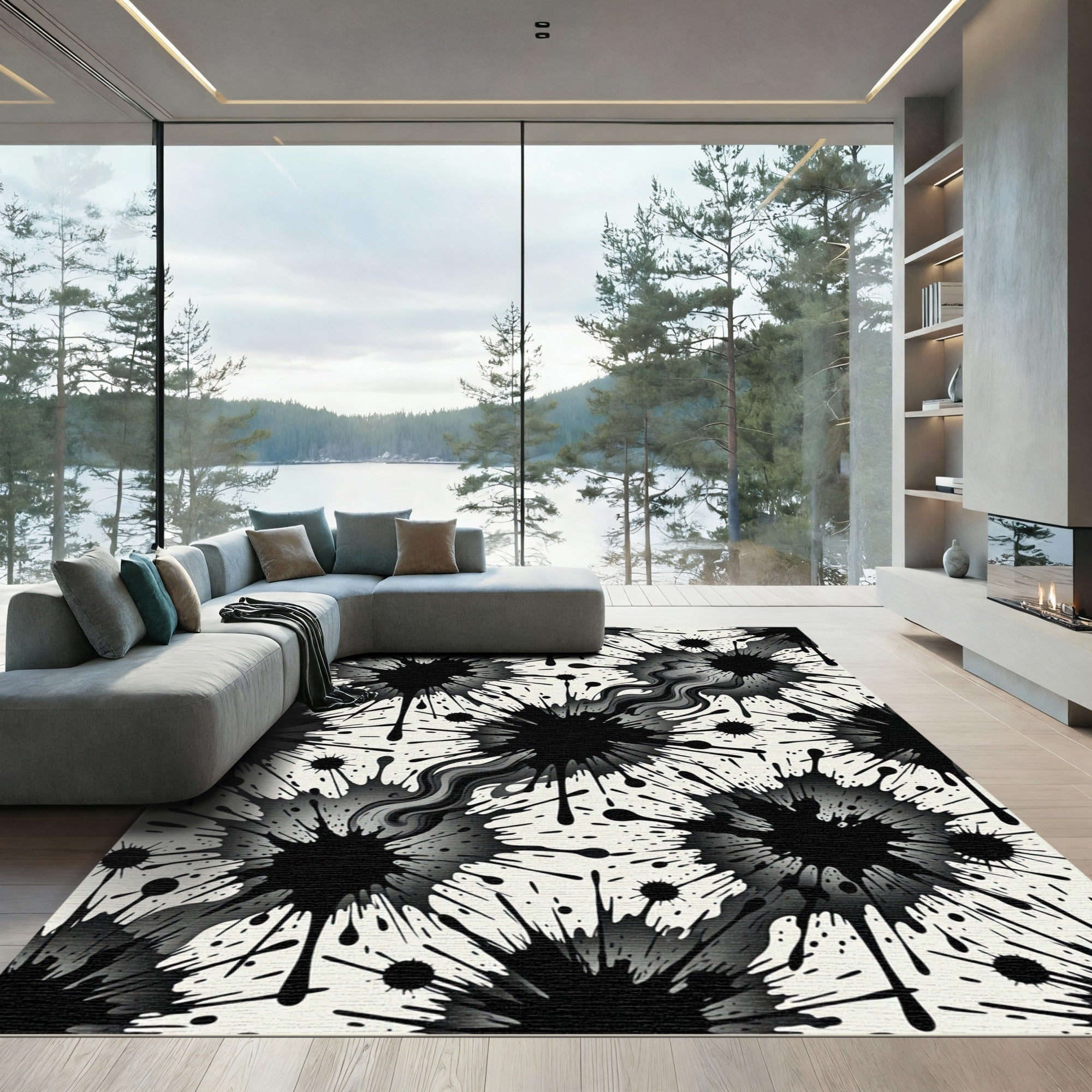 Black Ink Splatter Artistic Monochrome Rug