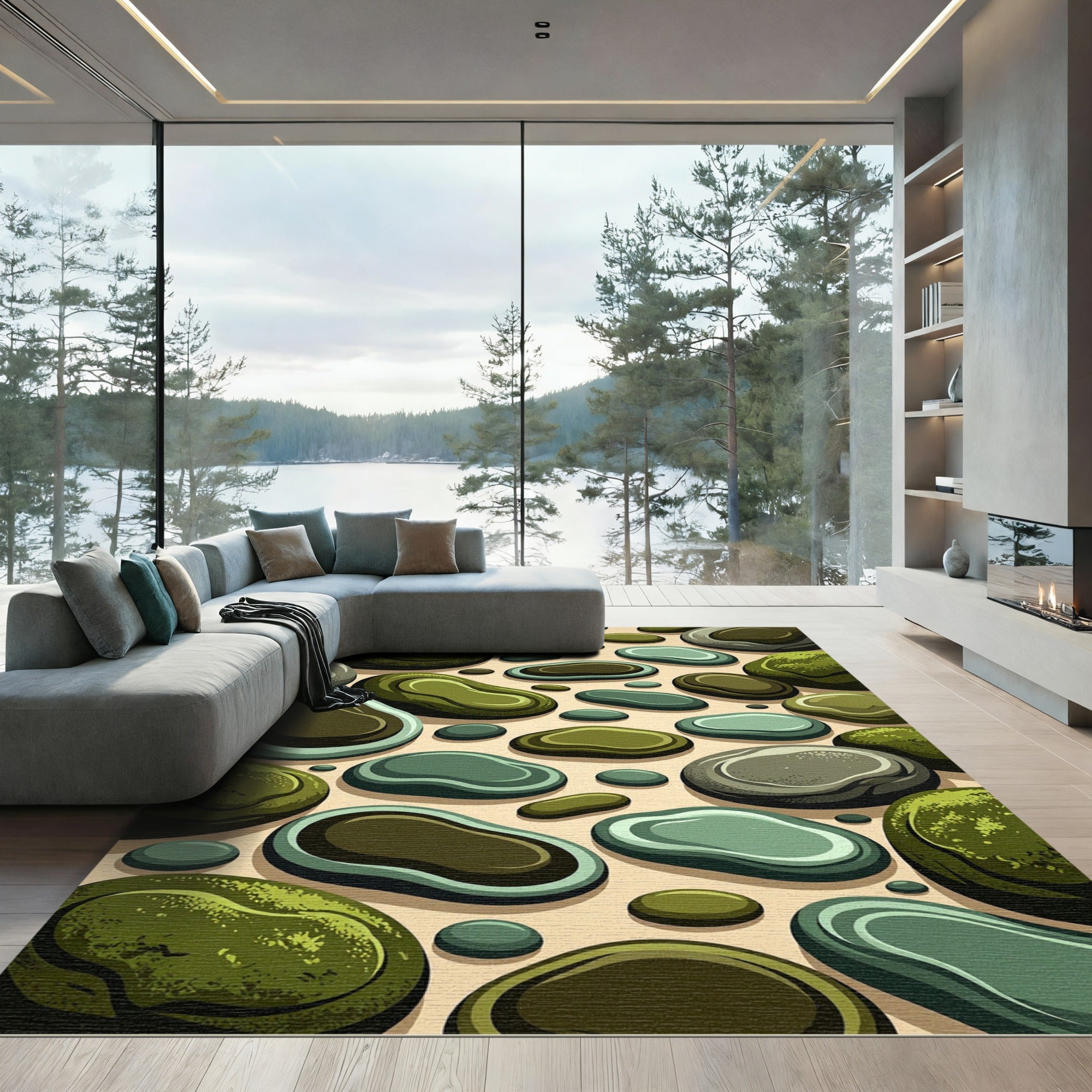 Varied Green Smooth River Rock Arrangement Rug