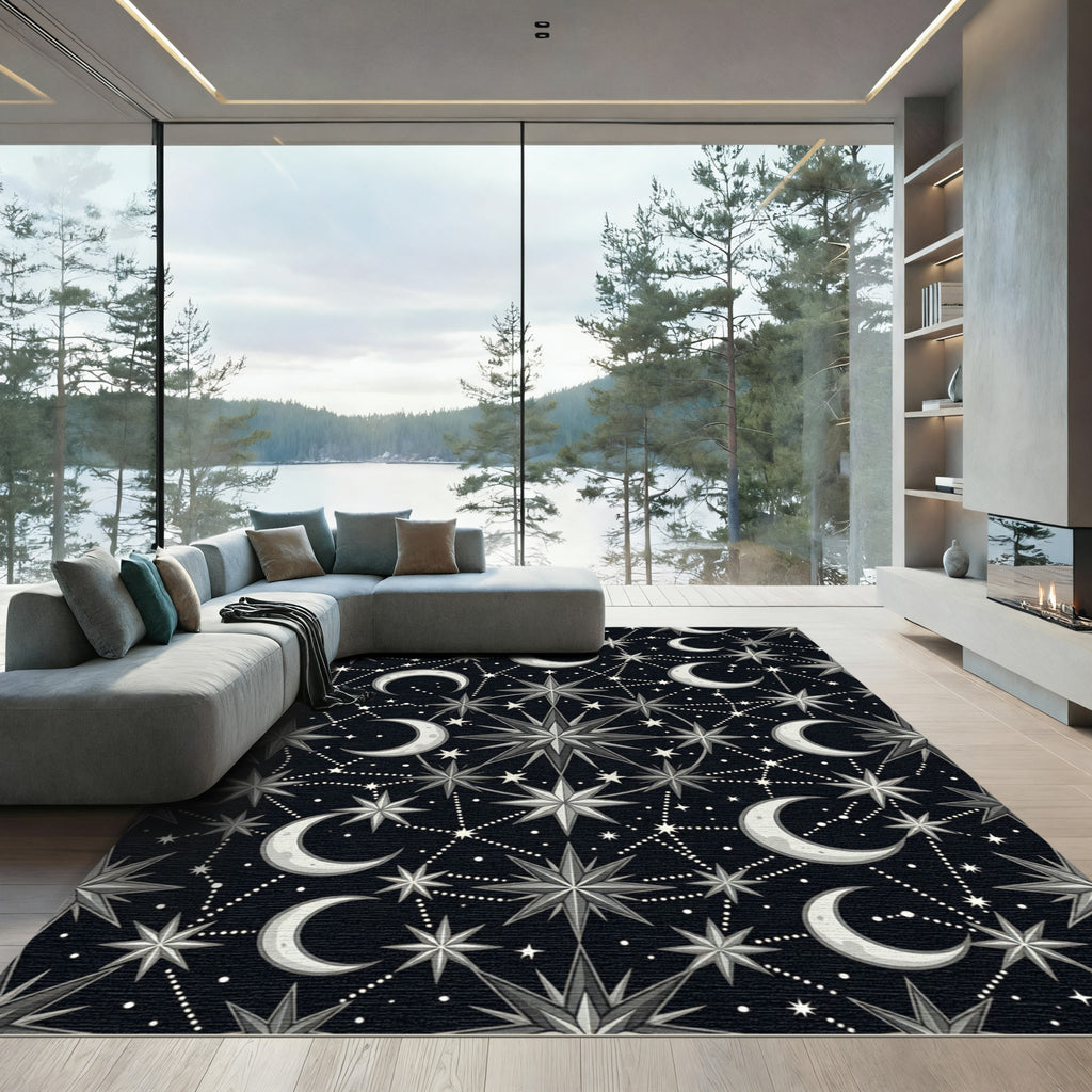 Celestial Monochrome Moon and Star Constellation Rug
