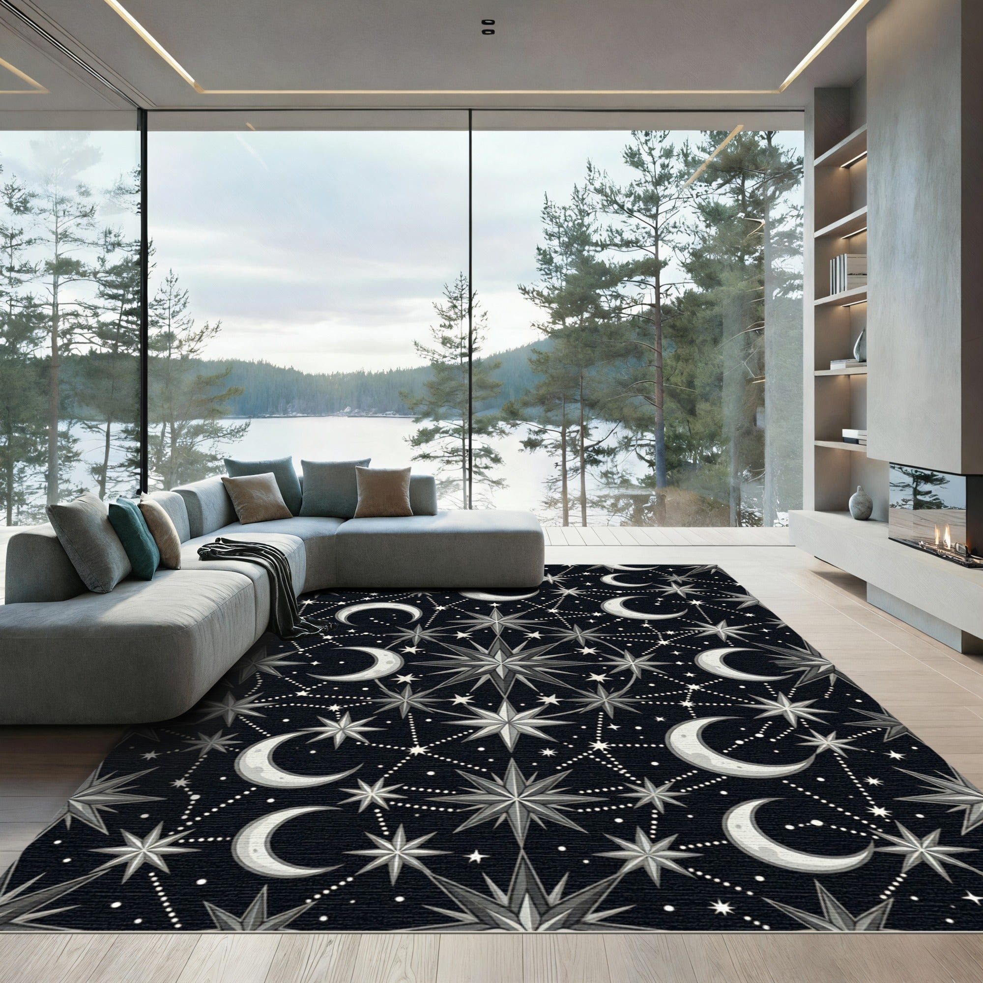 Celestial Monochrome Moon and Star Constellation Rug