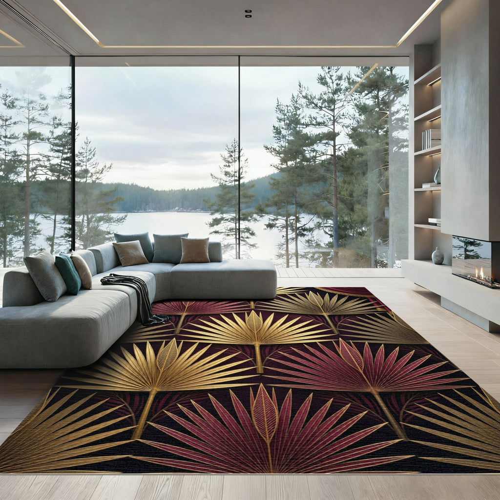 Art Deco Gold and Burgundy Palm Rug