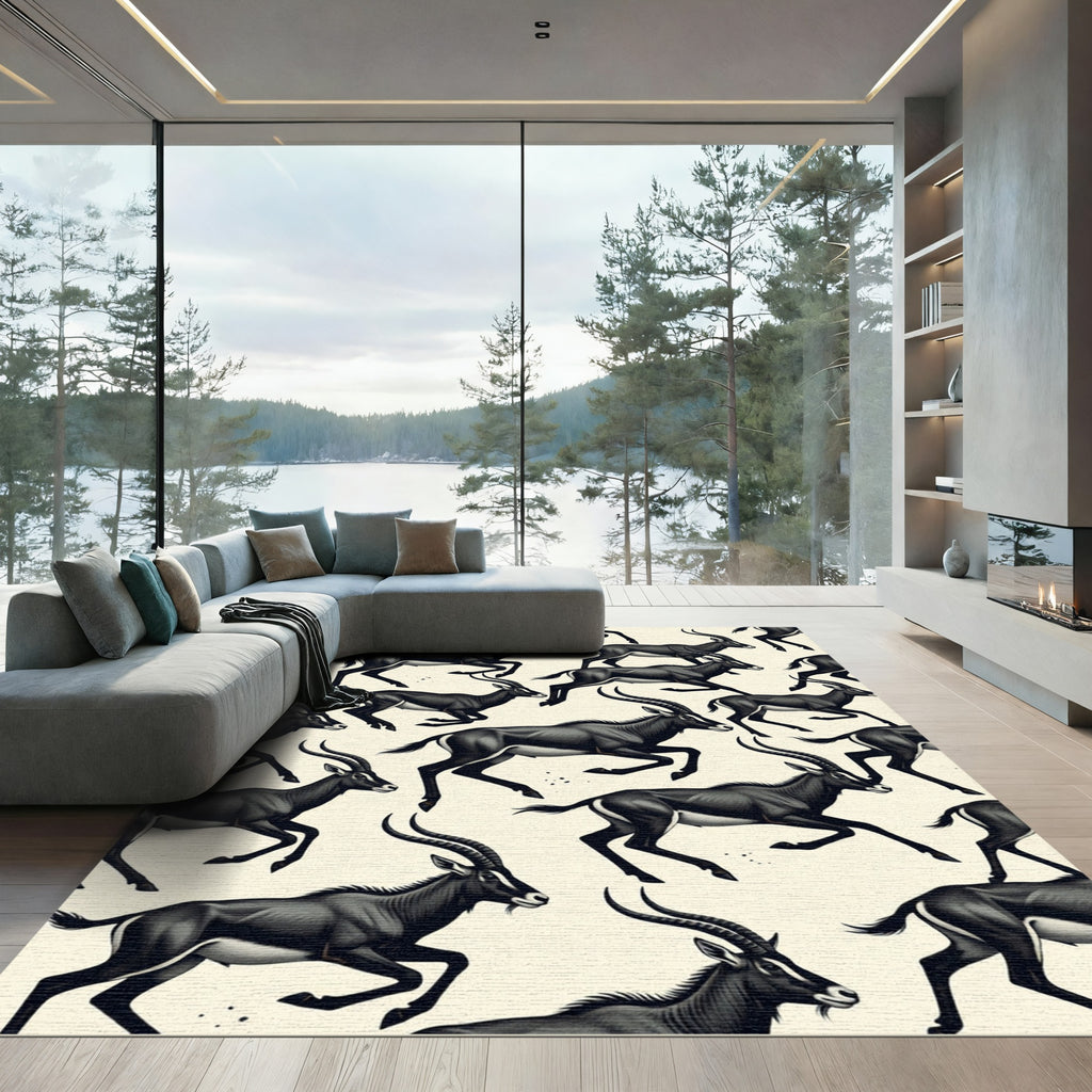 Monochromatic Running Antelope Illustration Rug