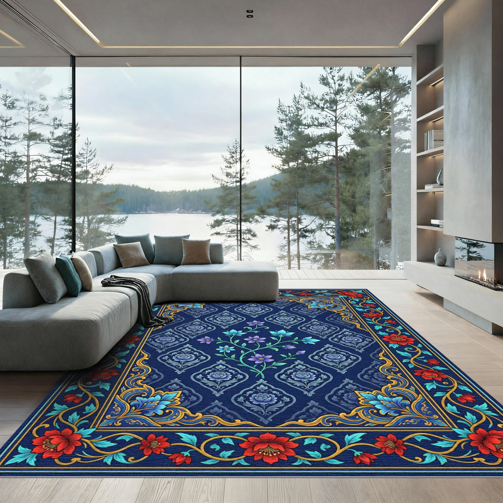 Midnight Blue Floral Meadow Art Rug