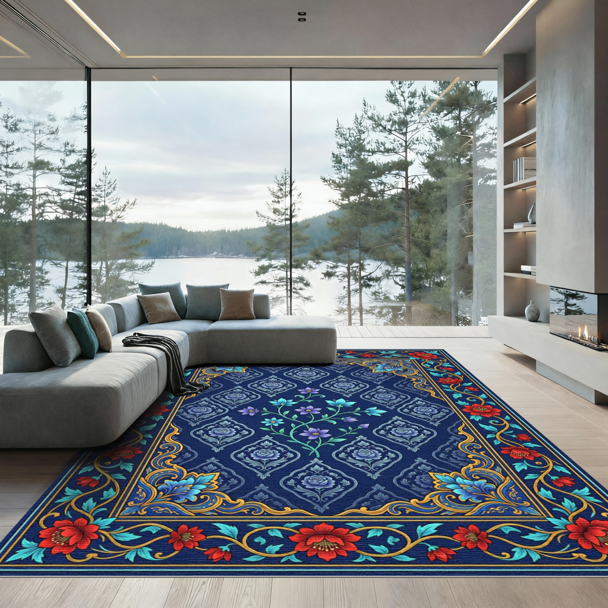 Midnight Blue Floral Meadow Art Rug