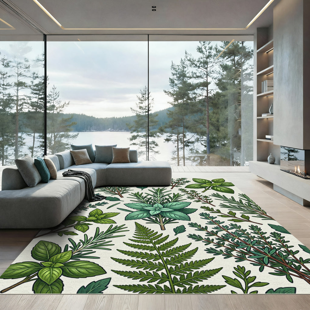 Lush Green Herb Foliage Illustration Rug