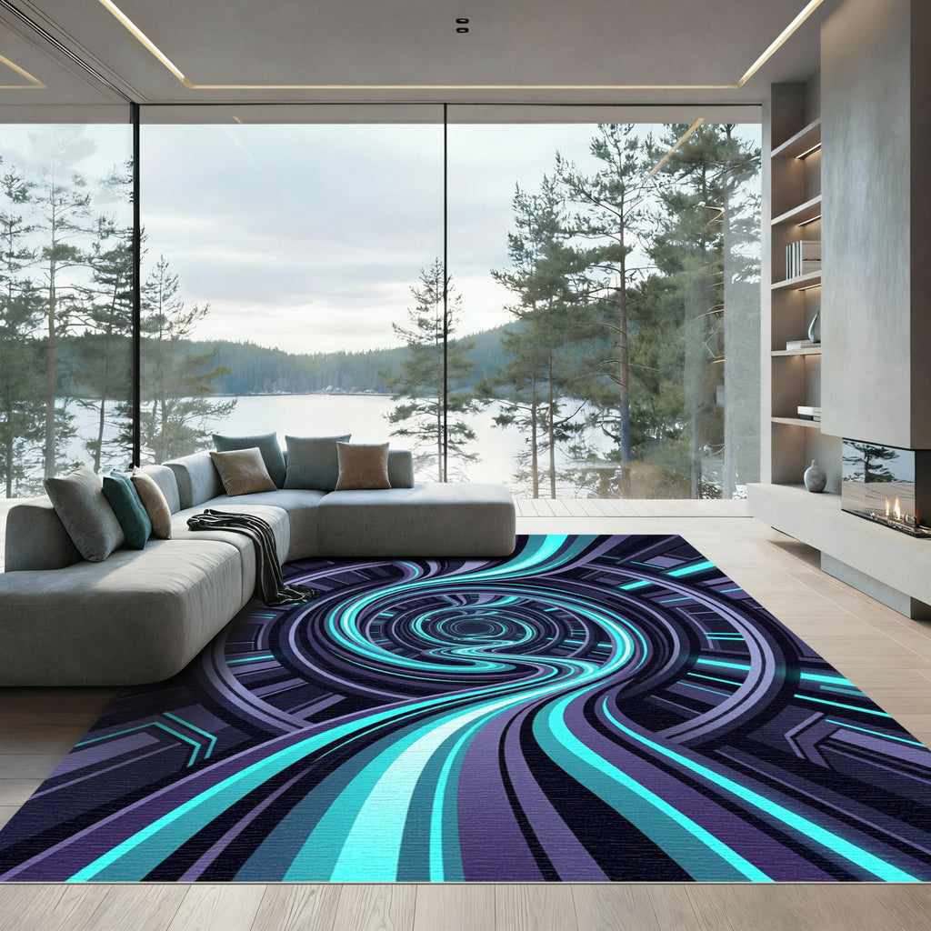 Neon Cybernetic Vortex Swirl Rug