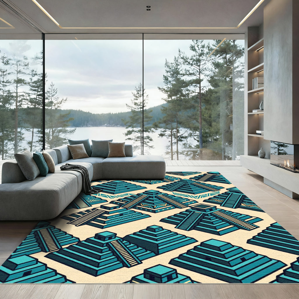 Teal Isometric Aztec Step Pyramid Tile Rug