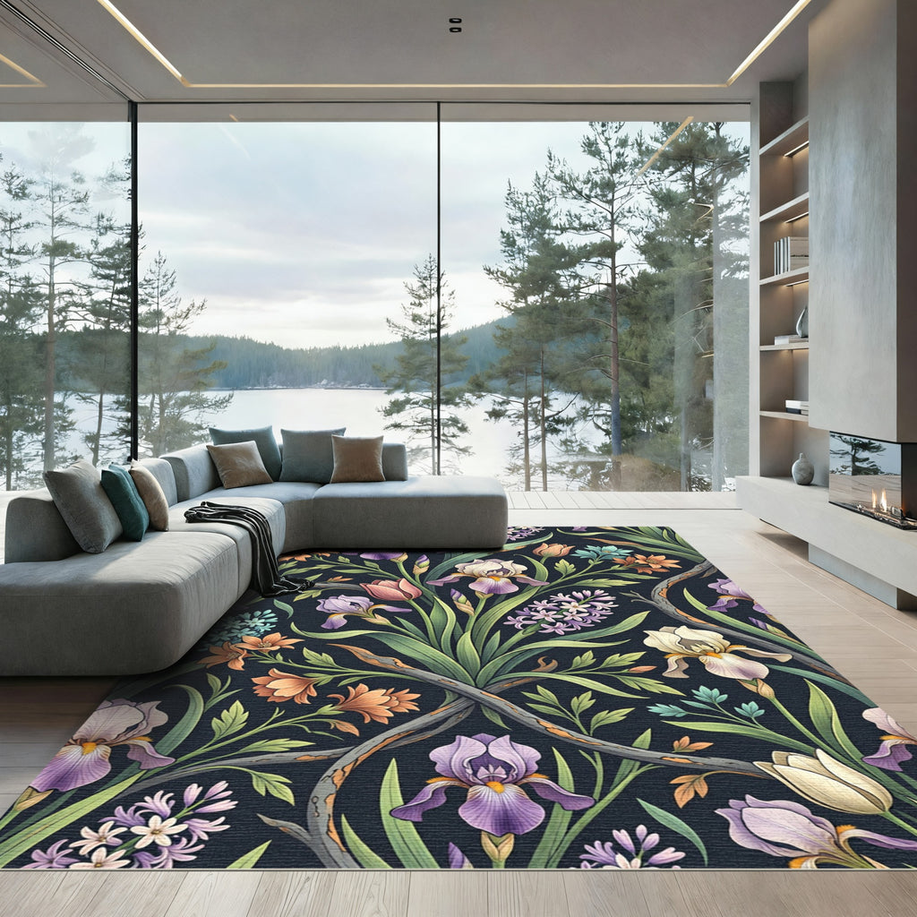 Dark Botanical Iris and Hyacinth Garden Rug