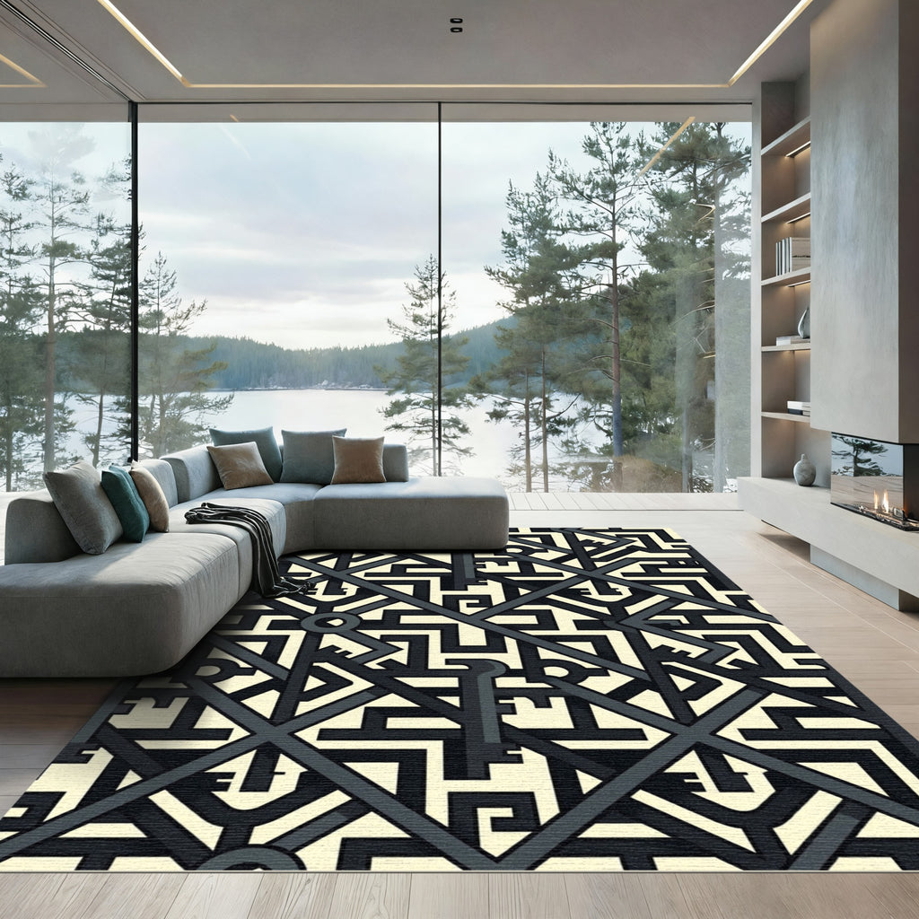 Abstract Geometric Interlocking Key Grid Rug