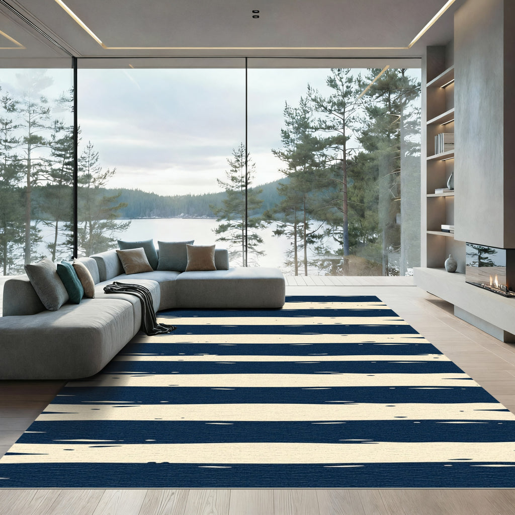Navy Blue Hand Brushed Linear Stripes Rug