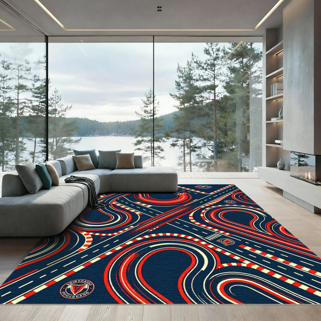 Dynamic Red and Navy Race Track Rug