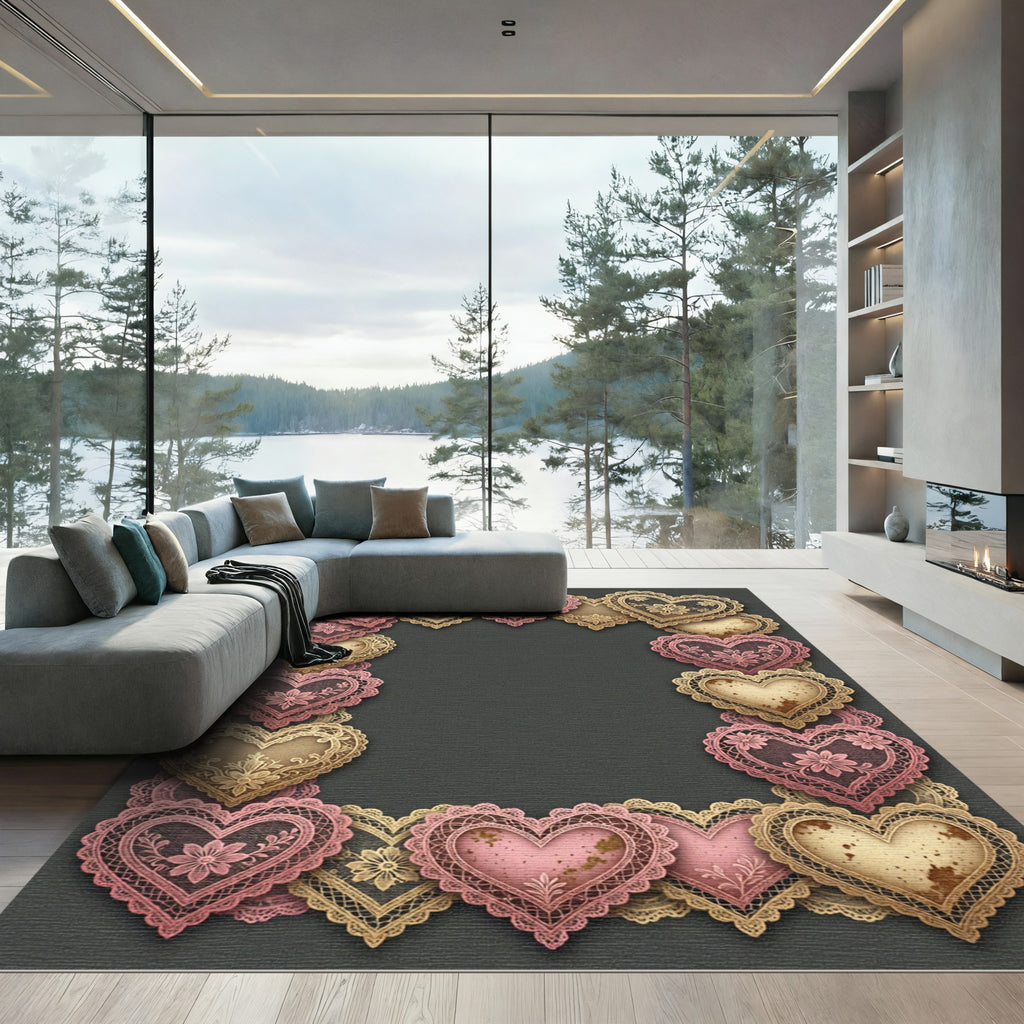 Vintage Lace Hearts Pink Gold Rug