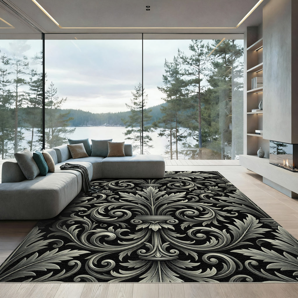 Classical Acanthus Scrollwork Black Rug