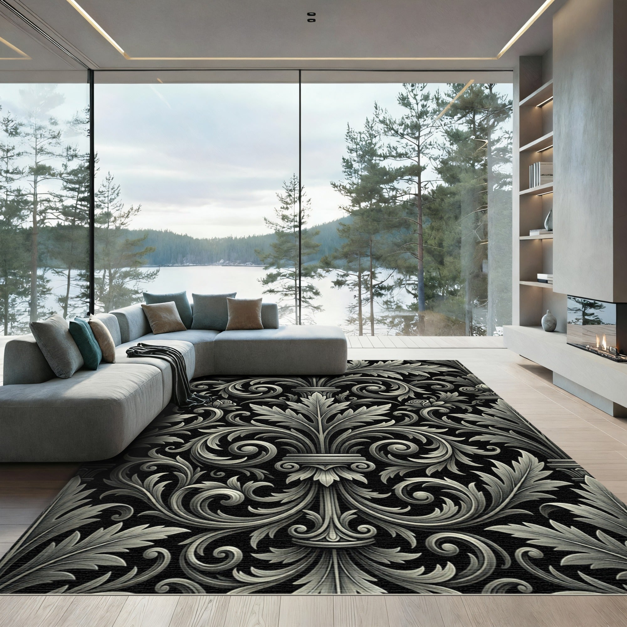 Classical Acanthus Scrollwork Black Rug