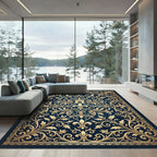 Ornate Gold Fleur de Lis Navy Rug