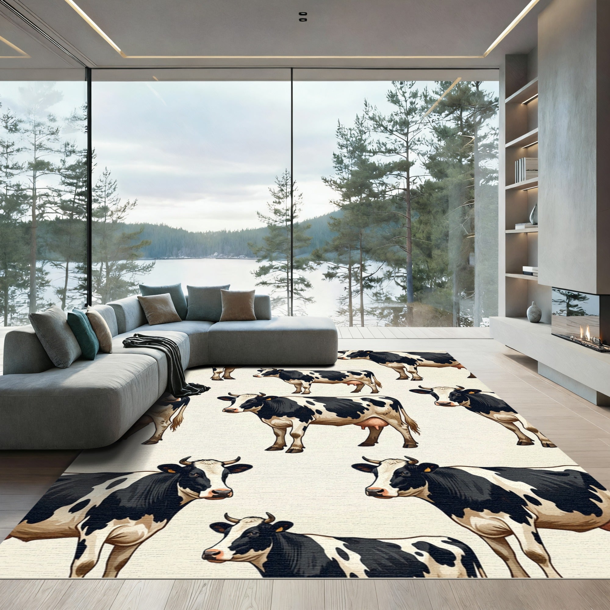 Whimsical Black and White Cattle Herd Rug