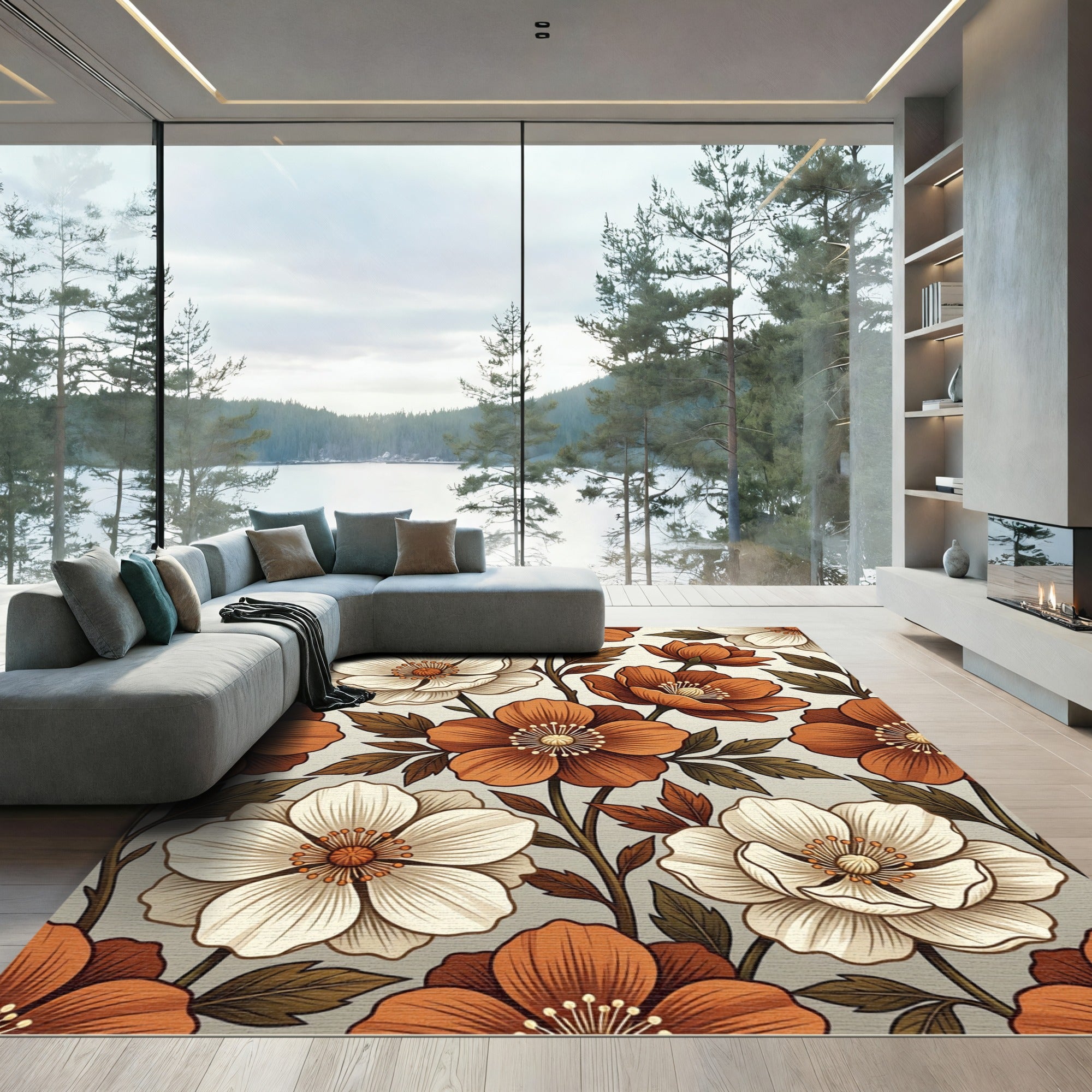 Earthy Autumn Floral Botanical Cream Rug