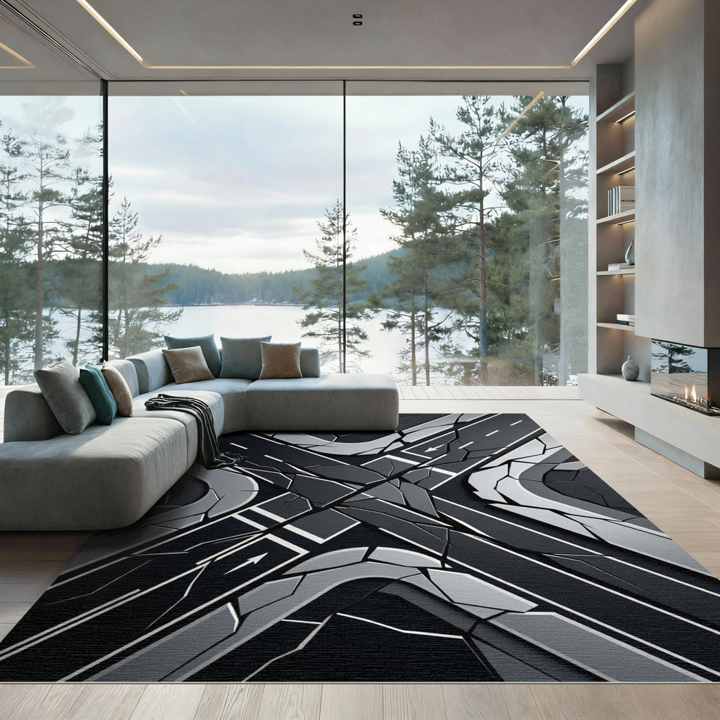 Modern Monochromatic Geometric Intersecting Roadway Rug