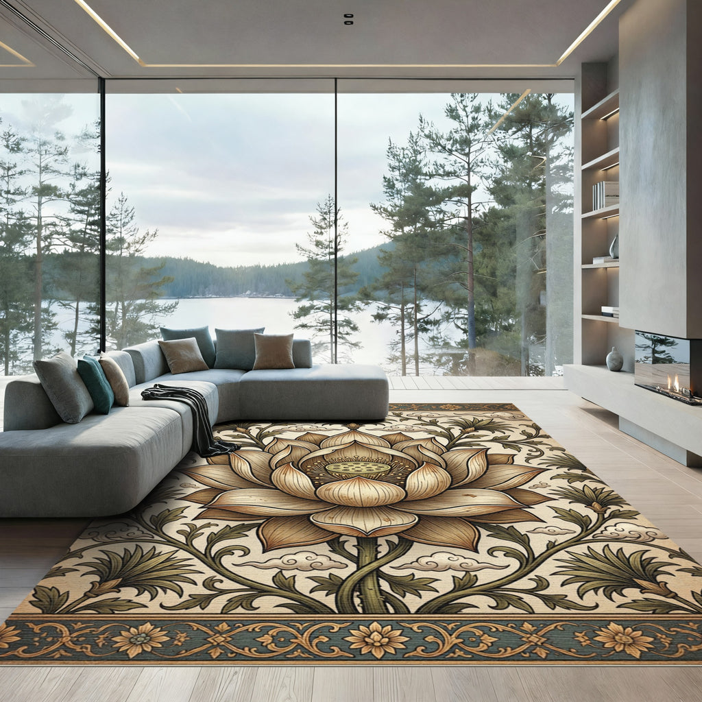 Neutral Cream Lotus Blossom Floral Rug