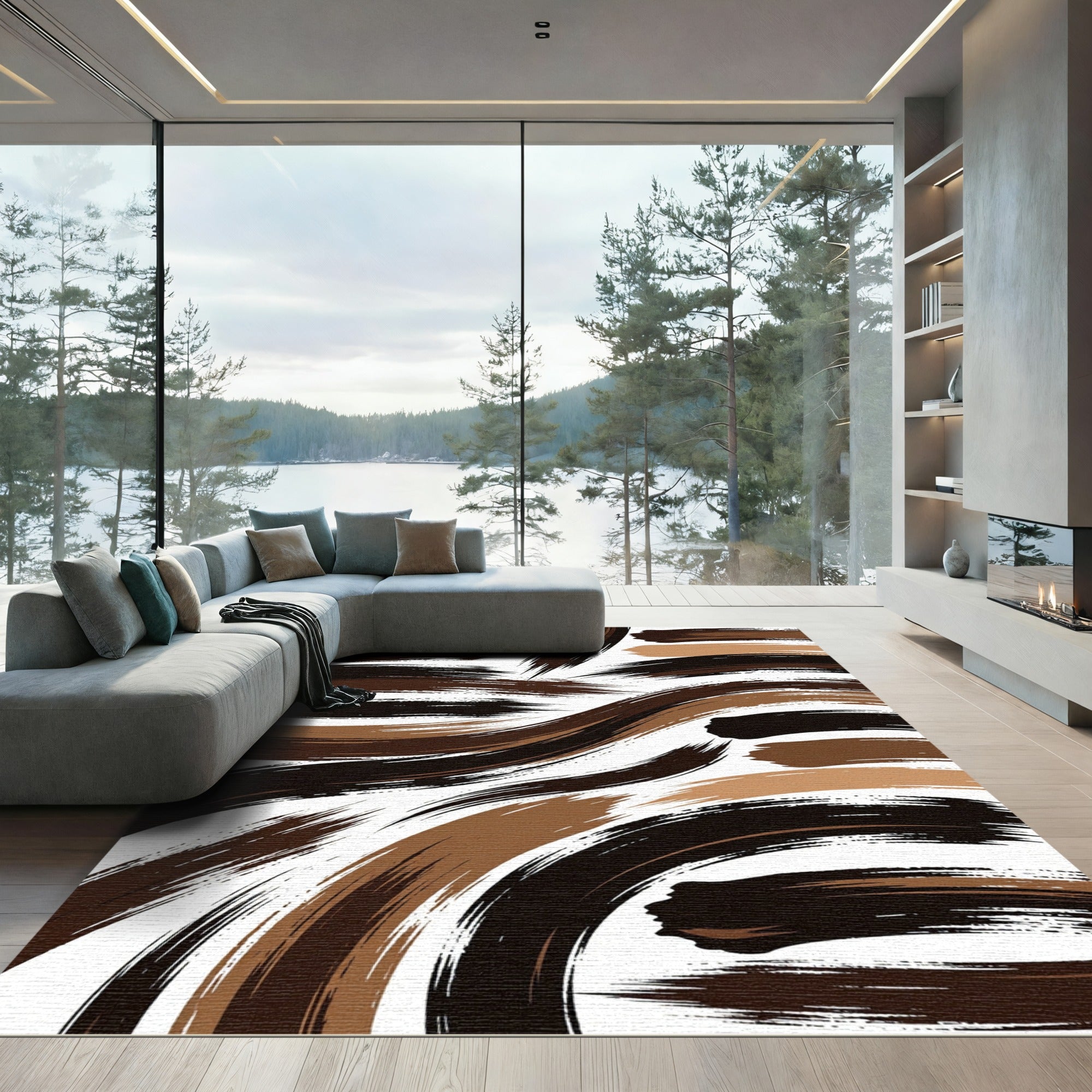 Modern Earthy Brown Abstract Brushstroke Rug