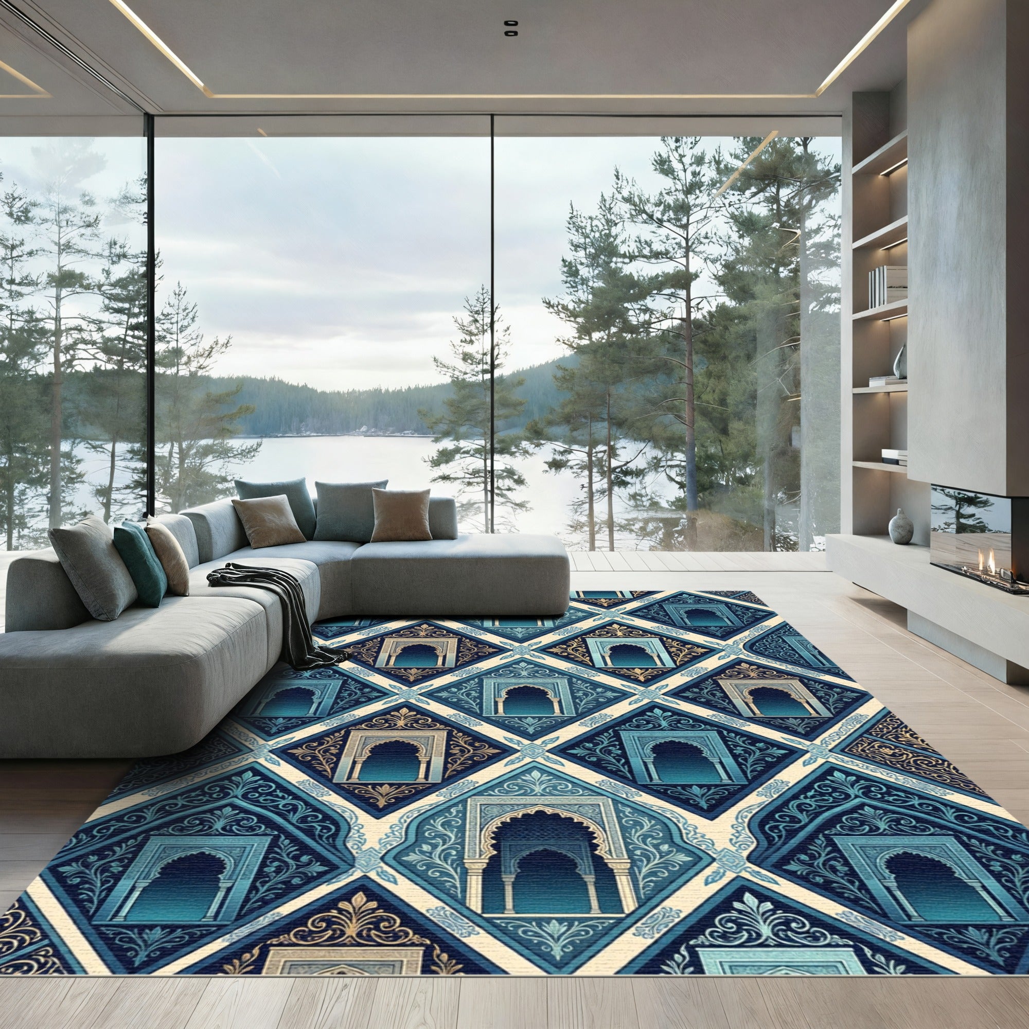 Archway Medina Blue Gold Diamonds Rug