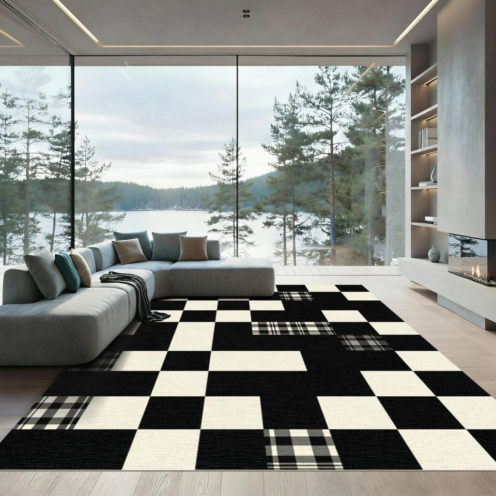 Modern Monochrome Black White Checkered Plaid Rug
