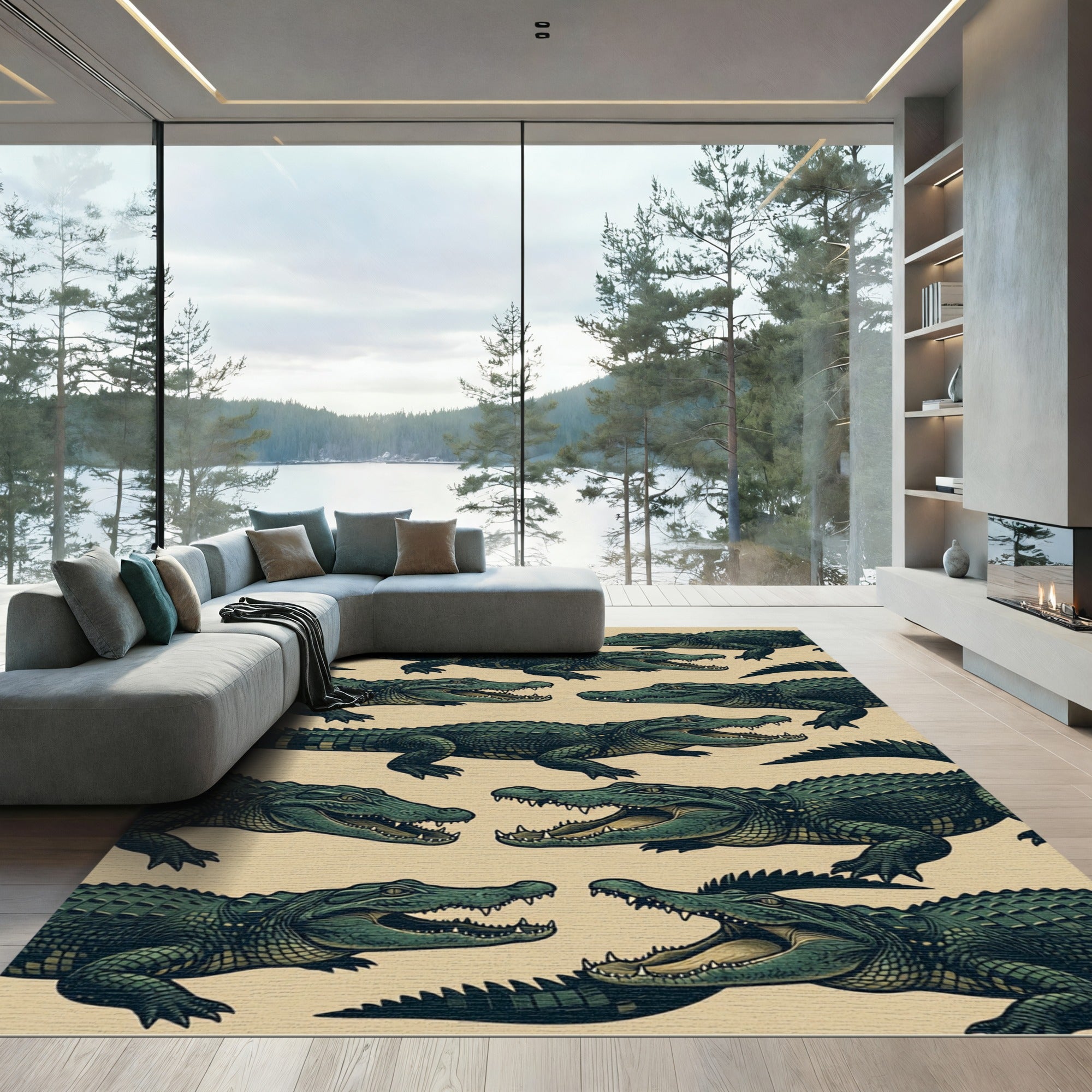 Green Alligator Reptilian Jungle Illustration Rug